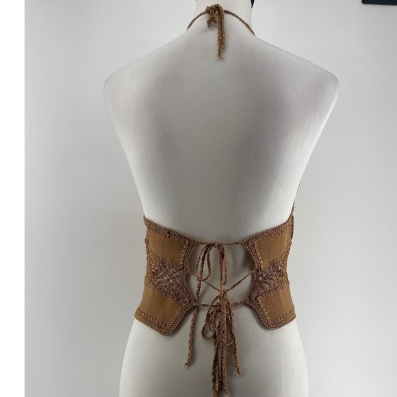 Western Boho Halter Top Womens Medium Tan Leather Crochet Lace Up Back Festival - Picture 2 of 9